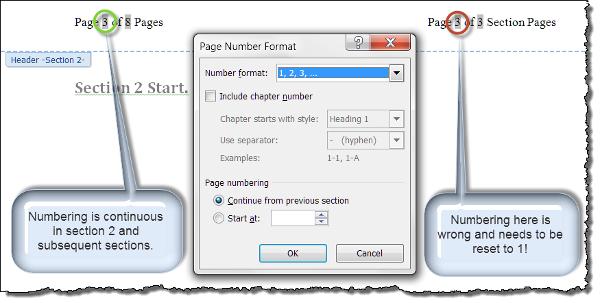 microsoft word version 15 for mac restart page numbering